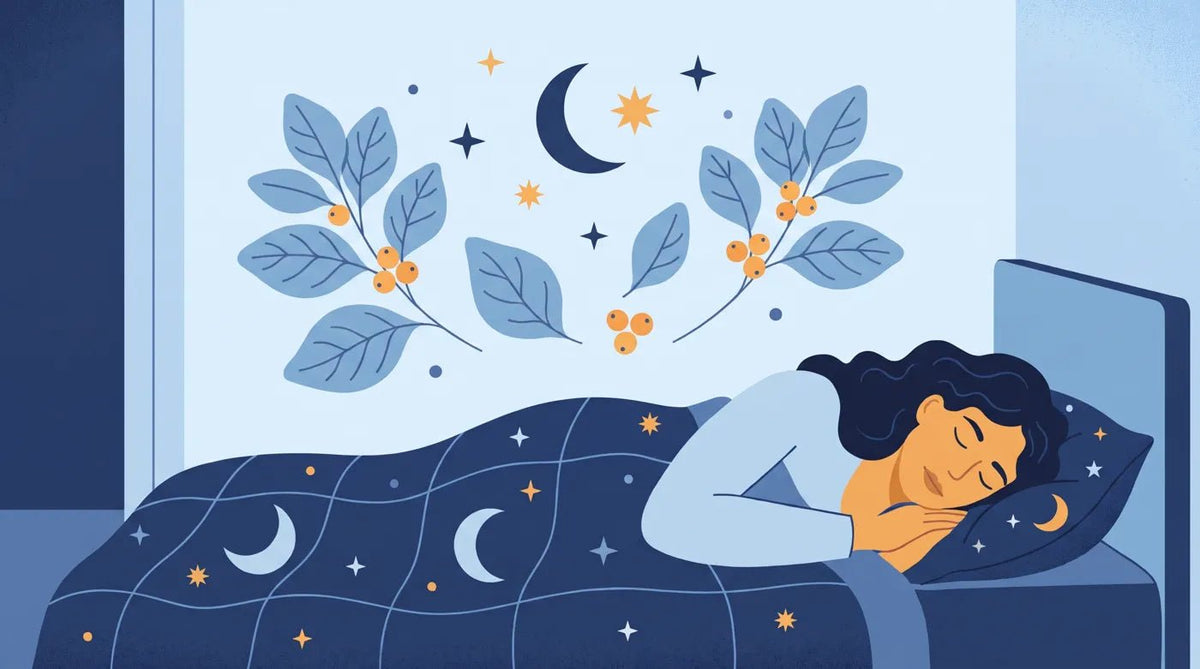 Illustration : femme qui dort paisiblement, feuilles d'ashwagandha