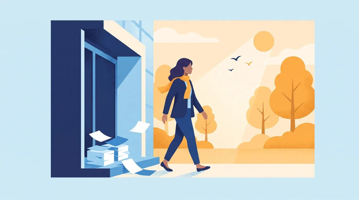 Illustration : femme qui sort du bureau vers un parc ensoleillé