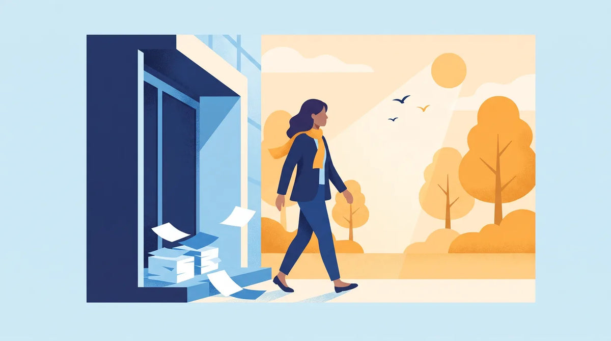 Illustration : femme qui sort du bureau vers un parc ensoleillé
