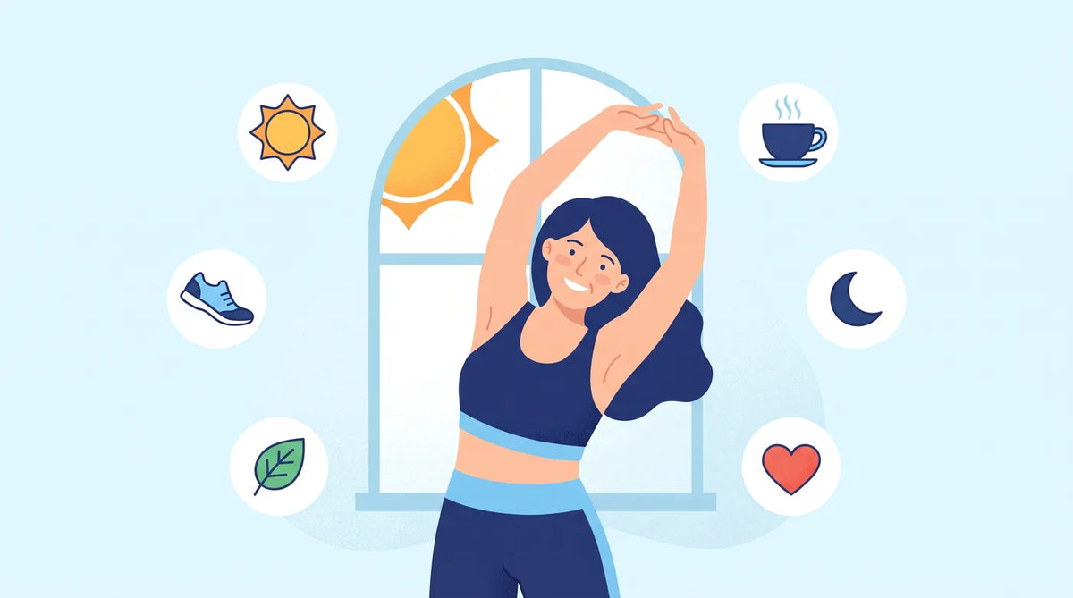 Illustration : femme qui fait sa routine du matin près d'une fenêtre ensoleillée