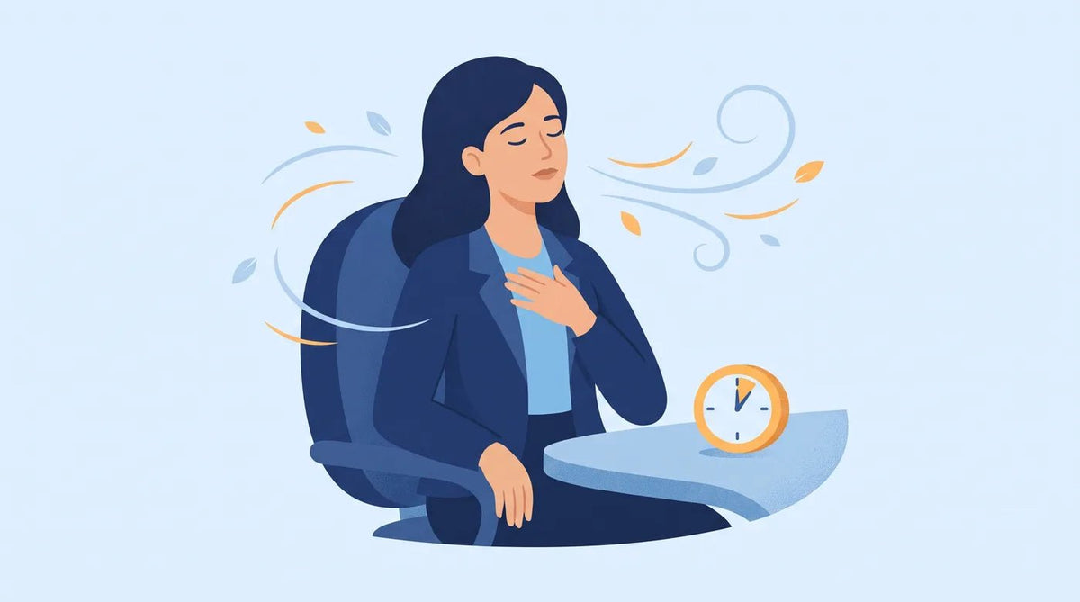 Illustration : femme qui respire calmement, yeux fermés, à son bureau