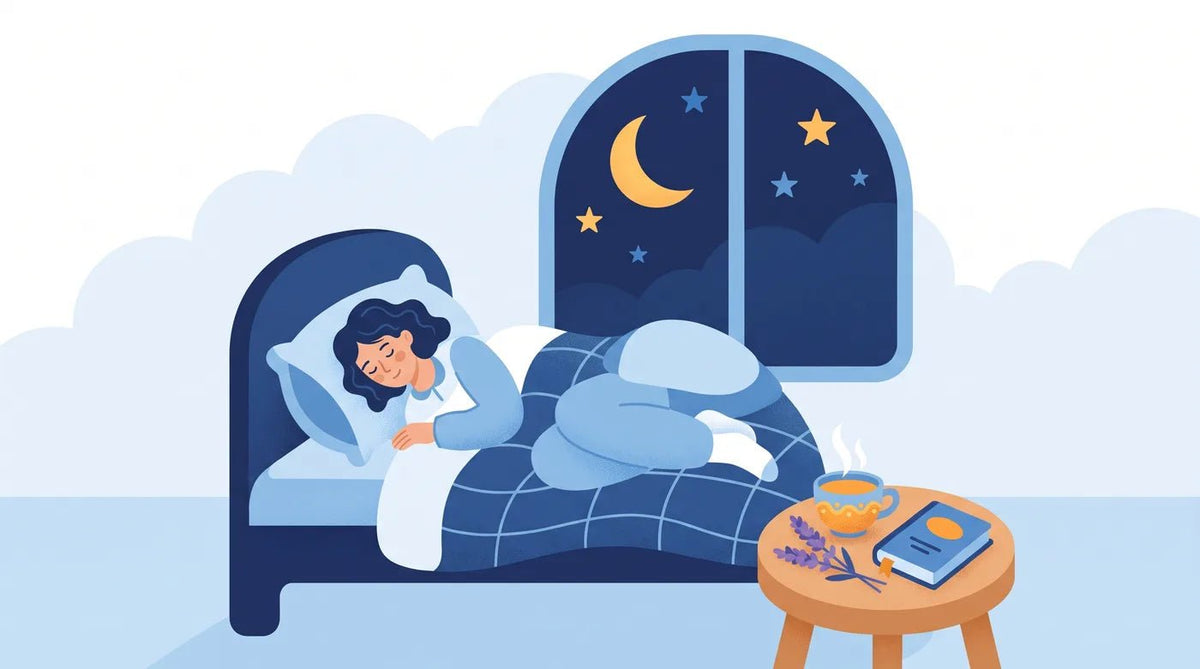 Illustration : femme endormie, tisane et lavande sur la table de nuit