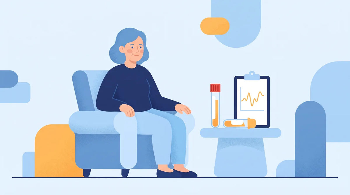 Illustration : tubes d'analyse et femme en salle d'attente