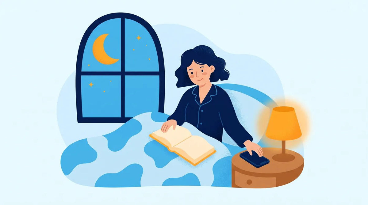 Illustration : femme qui pose son téléphone et ouvre un livre au lit