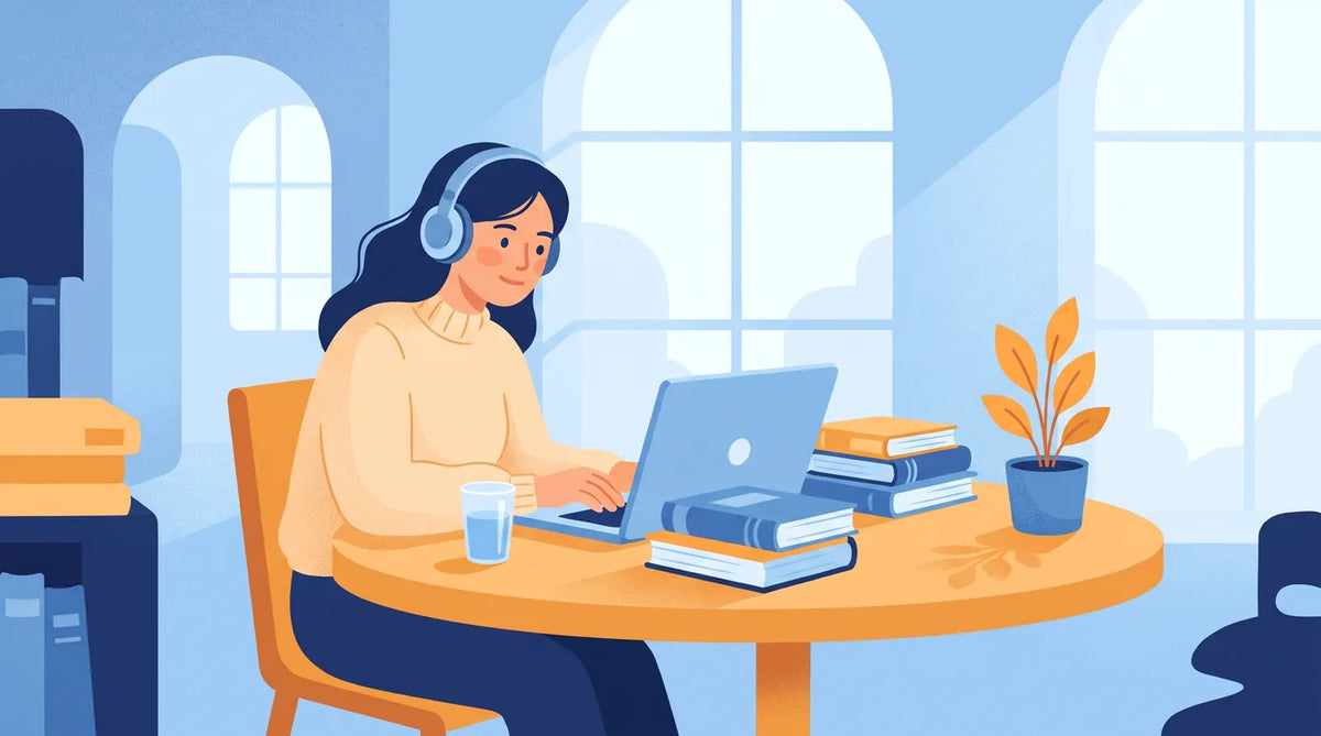 Illustration : jeune femme qui révise sereinement à la bibliothèque