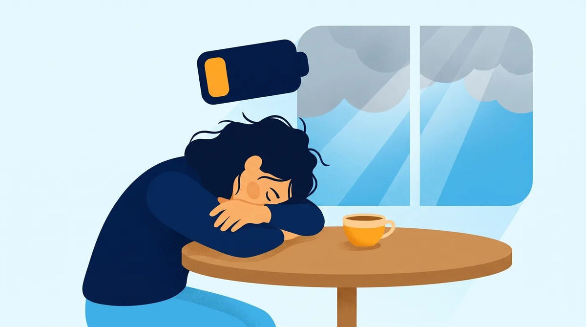 Illustration : femme épuisée avec une batterie vide au-dessus de la tête