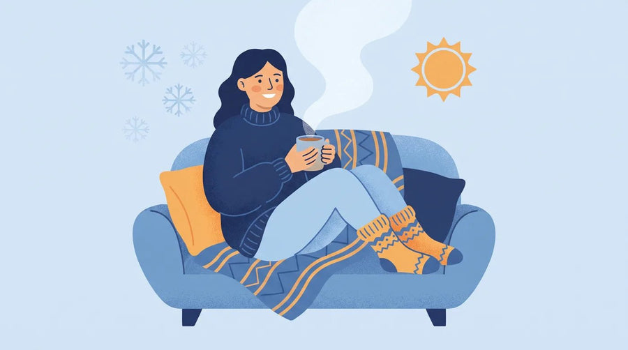 Illustration : femme sous un plaid avec des chaussettes en laine et une tasse chaude