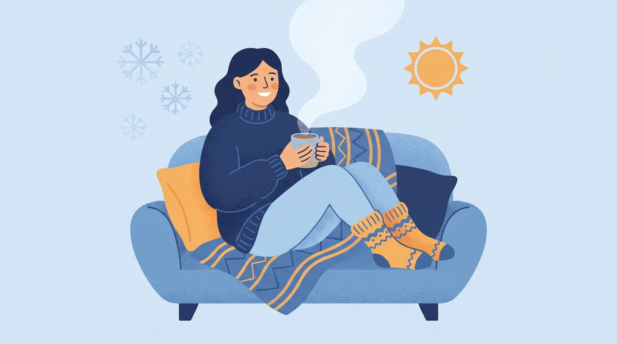 Illustration : femme sous un plaid avec des chaussettes en laine et une tasse chaude