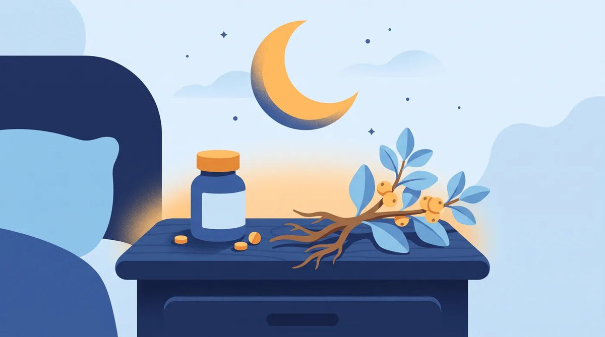 Illustration : flacon de mélatonine et racine d'ashwagandha sur une table de nuit