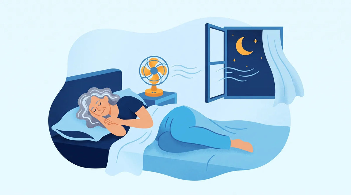 Illustration : femme d'une cinquantaine d'années qui dort paisiblement, fenêtre ouverte sur la nuit