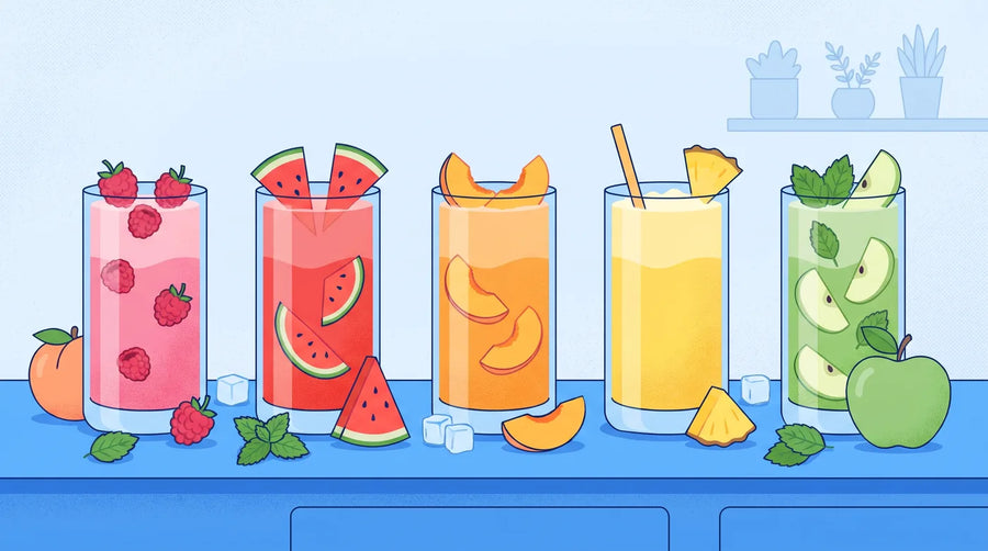 Illustration : cinq mocktails colorés entourés de fruits frais