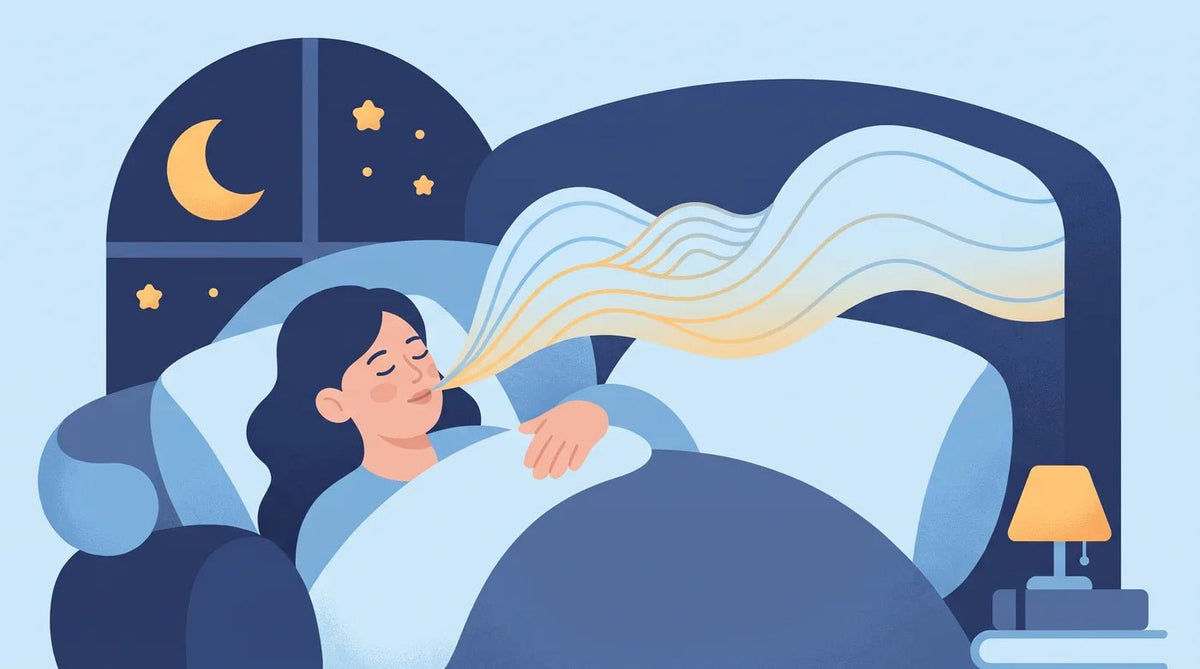 Illustration : femme allongée qui respire calmement, vagues de souffle au-dessus d'elle