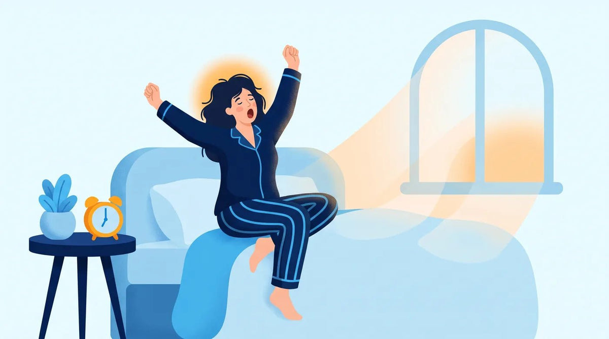 Illustration : femme qui s'étire au bord du lit au lever du soleil