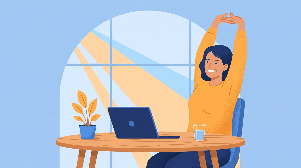 Illustration : femme qui s'étire à son bureau à la maison