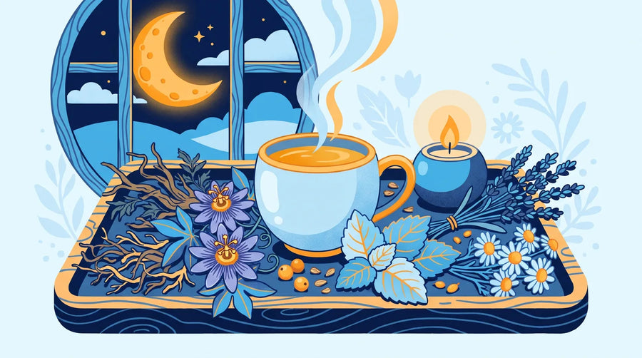 Illustration : tasse de tisane entourée de plantes du sommeil