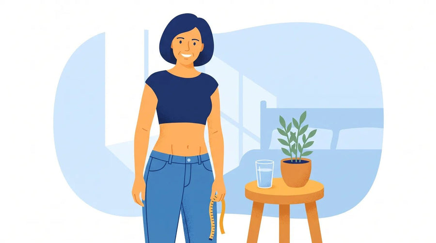 Illustration : femme bienveillante devant son miroir, mains sur le ventre