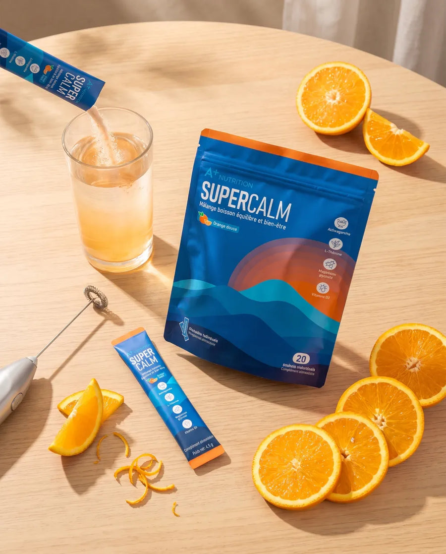 Un stick SuperCalm Orange Douce versé dans un verre d'eau