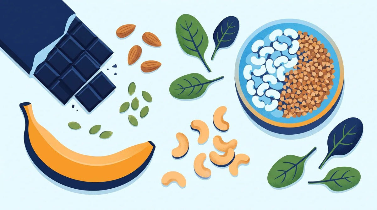 Illustration : chocolat noir, amandes, graines de courge, banane et épinards vus du dessus