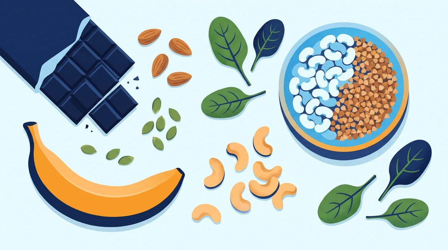 Illustration : chocolat noir, amandes, graines de courge, banane et épinards vus du dessus