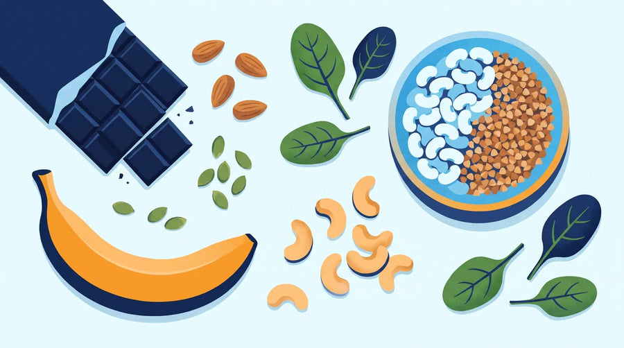 Illustration : chocolat noir, amandes, graines de courge, banane et épinards vus du dessus