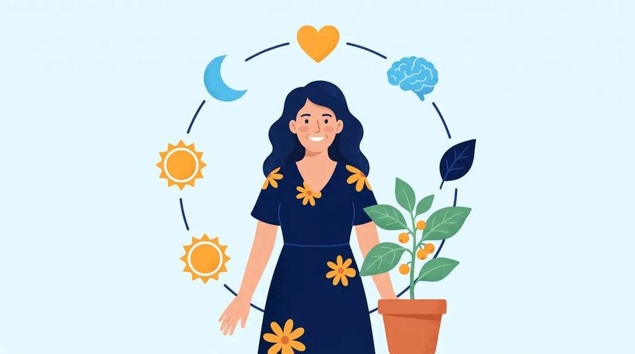 Illustration : femme épanouie entourée des bienfaits de l'ashwagandha
