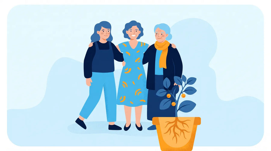 Illustration : trois femmes de 35, 45 et 55 ans autour d'une plante d'ashwagandha