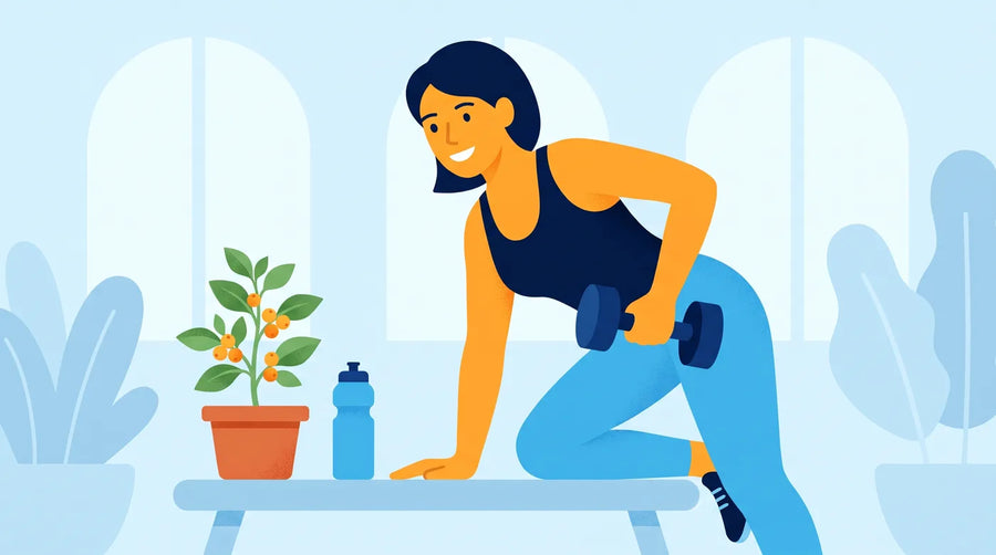 Illustration : femme sportive avec haltères et plant d'ashwagandha