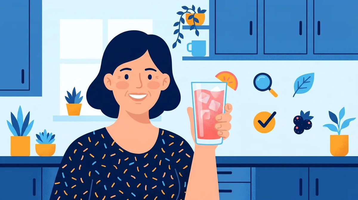 Illustration : femme souriante avec un grand verre de boisson fruitée