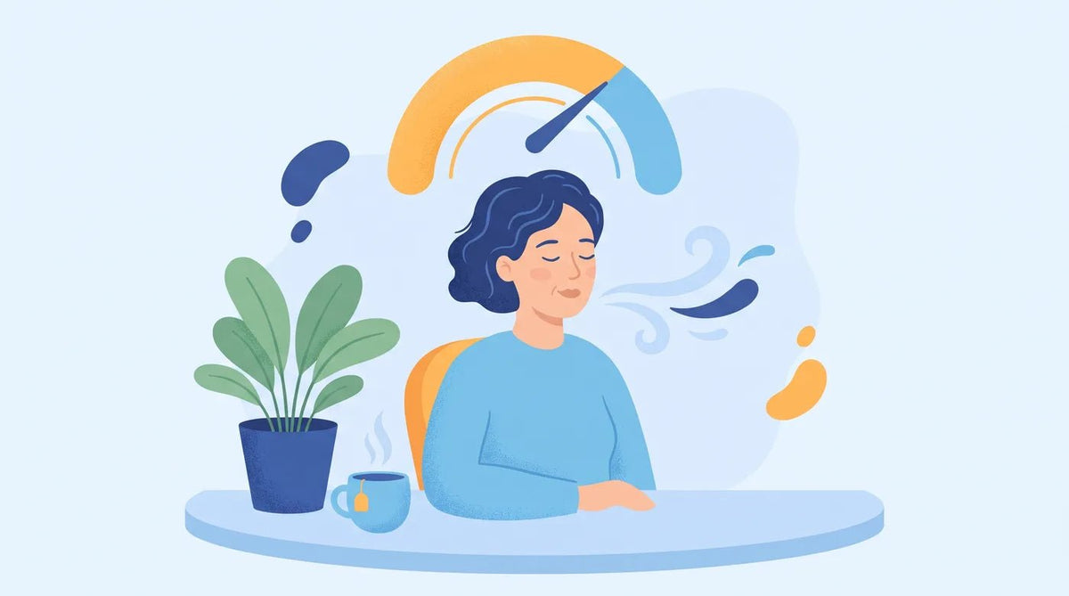 Illustration : femme qui respire calmement à son bureau, jauge qui redescend