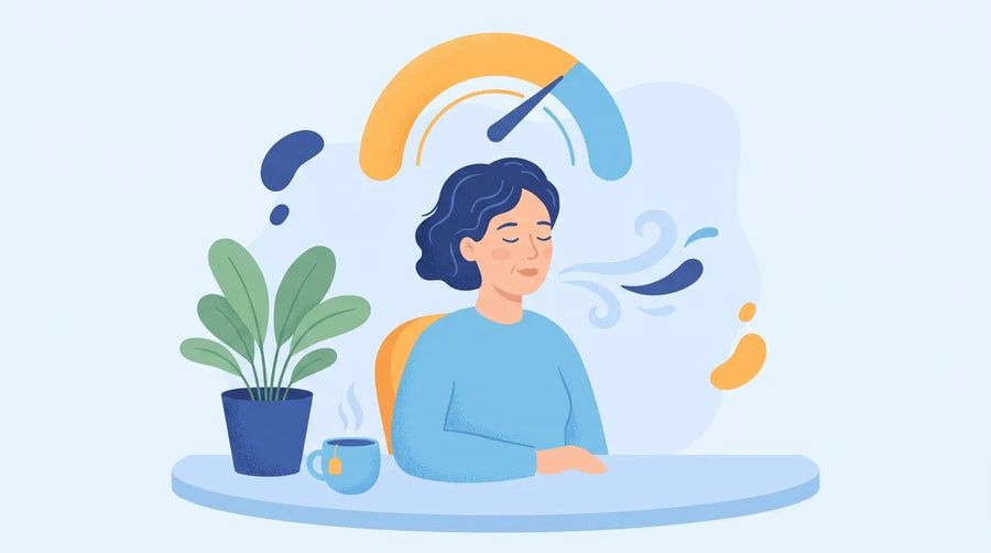 Illustration : femme qui respire calmement à son bureau, jauge qui redescend