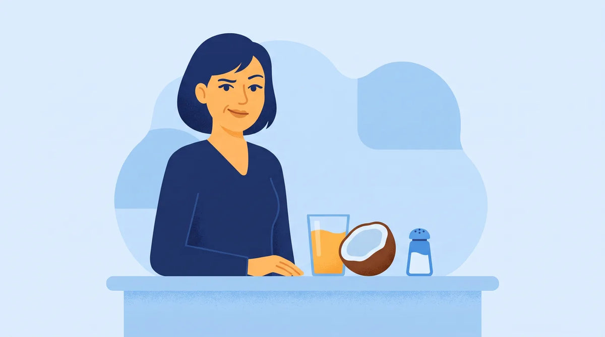Illustration : jus d'orange, noix de coco et sel, femme sceptique