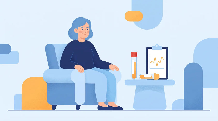 Illustration : tubes d'analyse et femme en salle d'attente