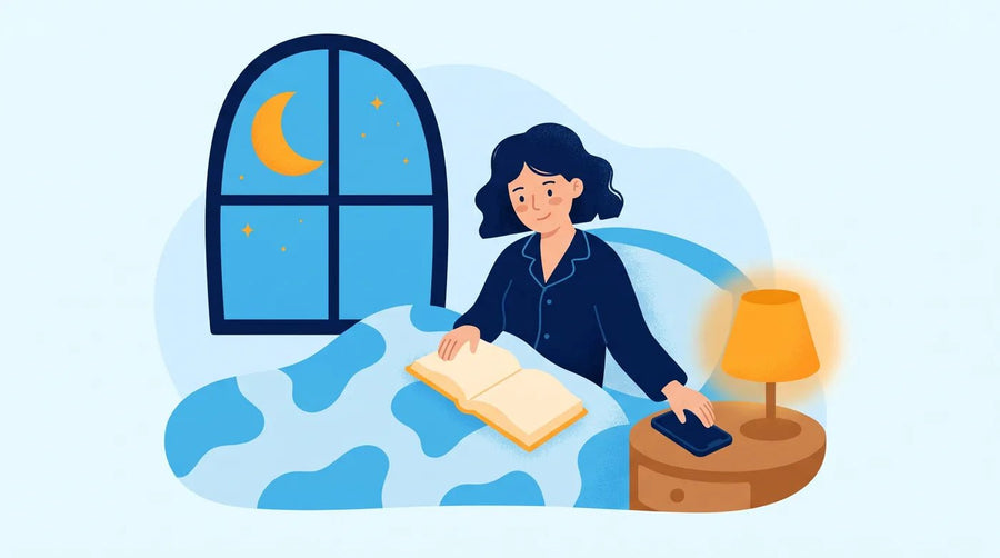 Illustration : femme qui pose son téléphone et ouvre un livre au lit