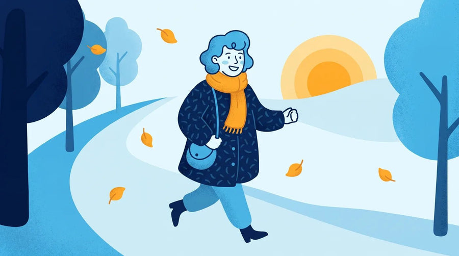 Illustration : femme en écharpe qui marche un matin d'automne ensoleillé