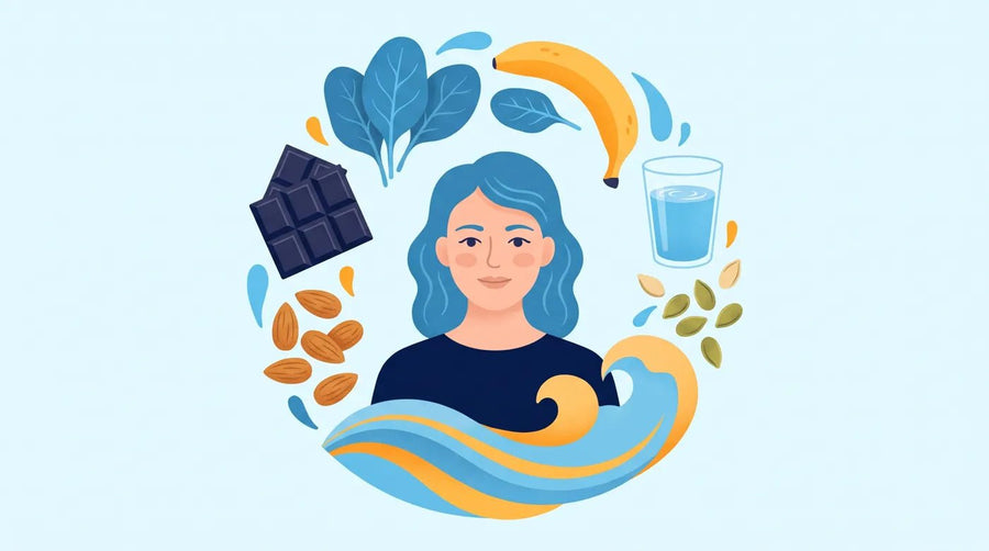 Illustration : aliments riches en magnésium autour d'une femme apaisée