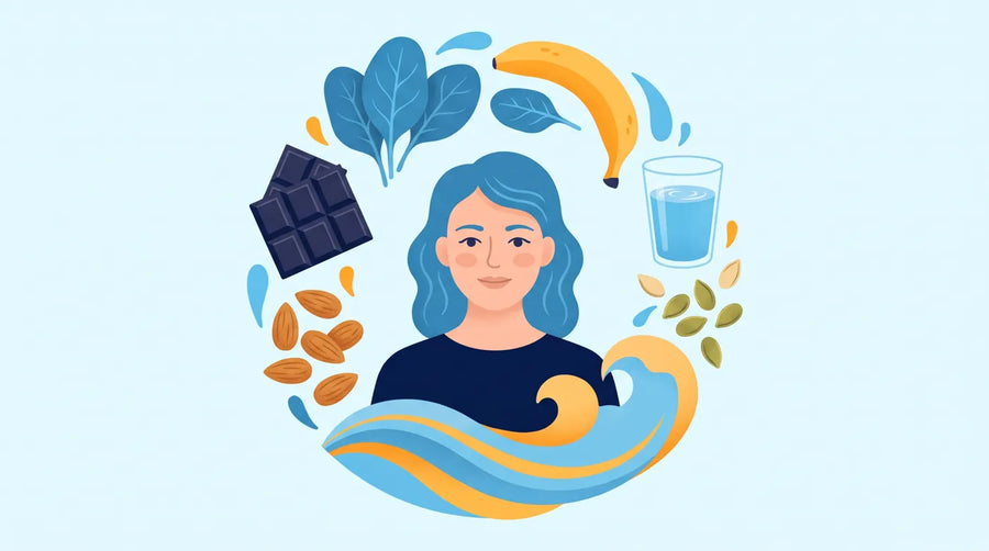 Illustration : aliments riches en magnésium autour d'une femme apaisée