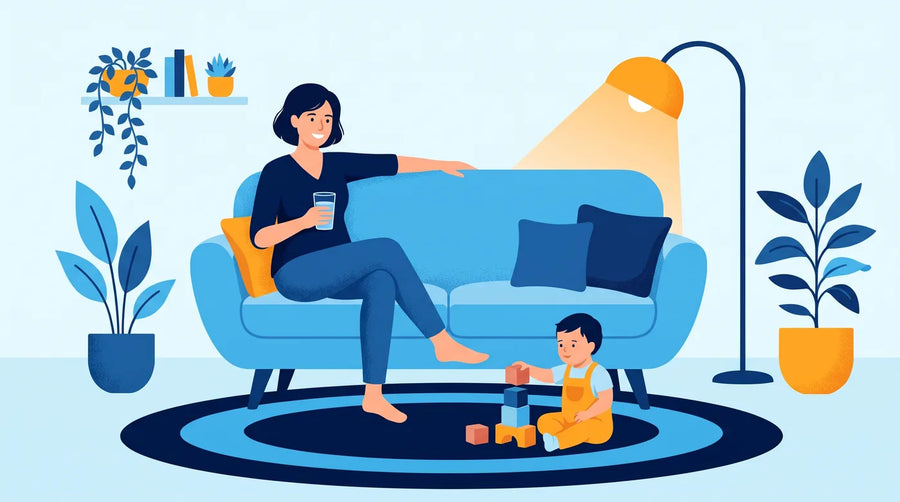 Illustration : maman qui fait une pause sur le canapé pendant que son enfant joue