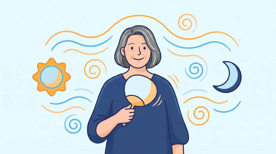 Illustration : femme de 50 ans sereine, entre le jour et la nuit