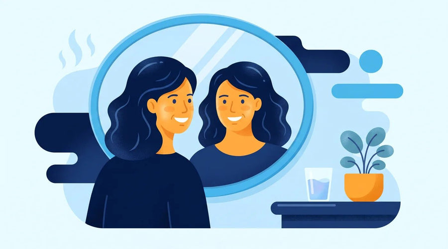 Illustration : femme au teint lumineux devant un miroir rond