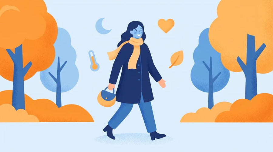 Illustration : femme souriante qui marche dans un parc en automne
