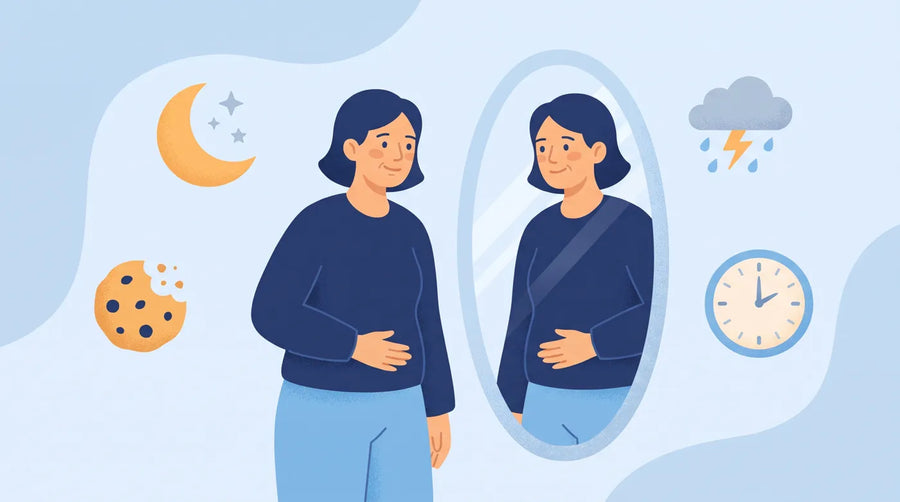 Illustration : femme devant un miroir, entre stress, sommeil et fringales