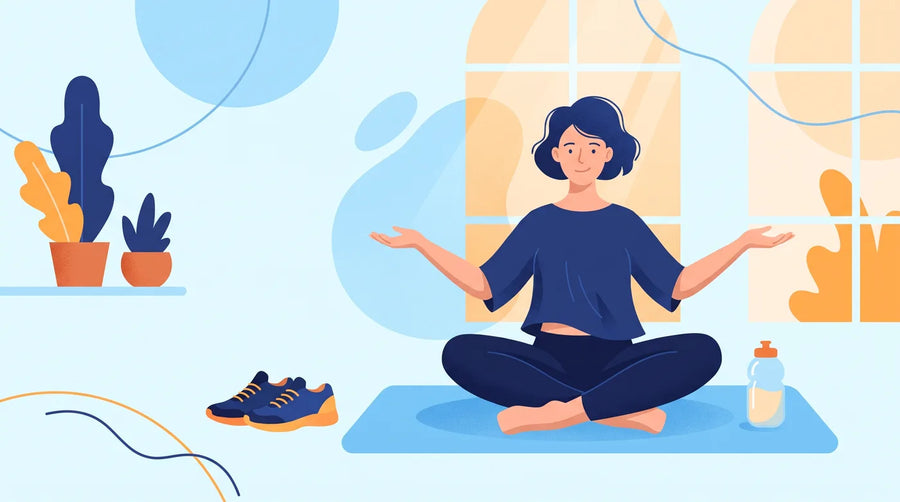 Illustration : femme en posture de yoga, baskets et gourde à côté