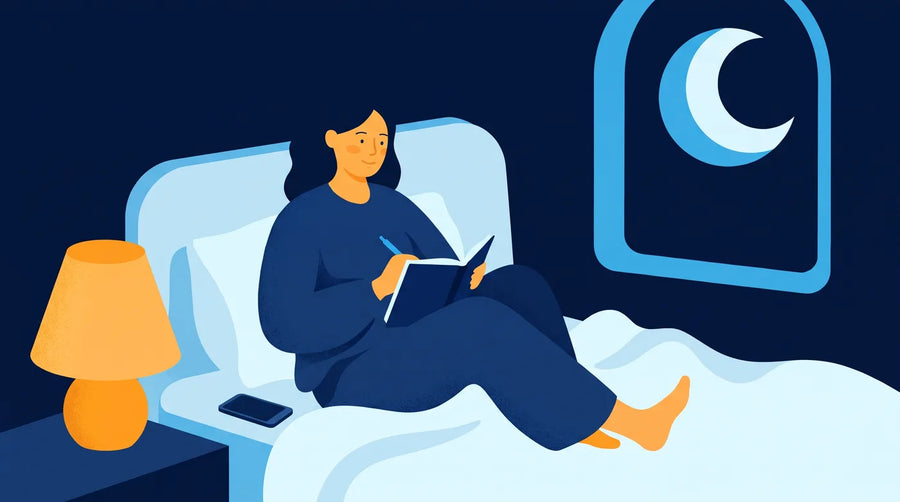 Illustration : femme qui écrit dans un carnet au lit, le soir