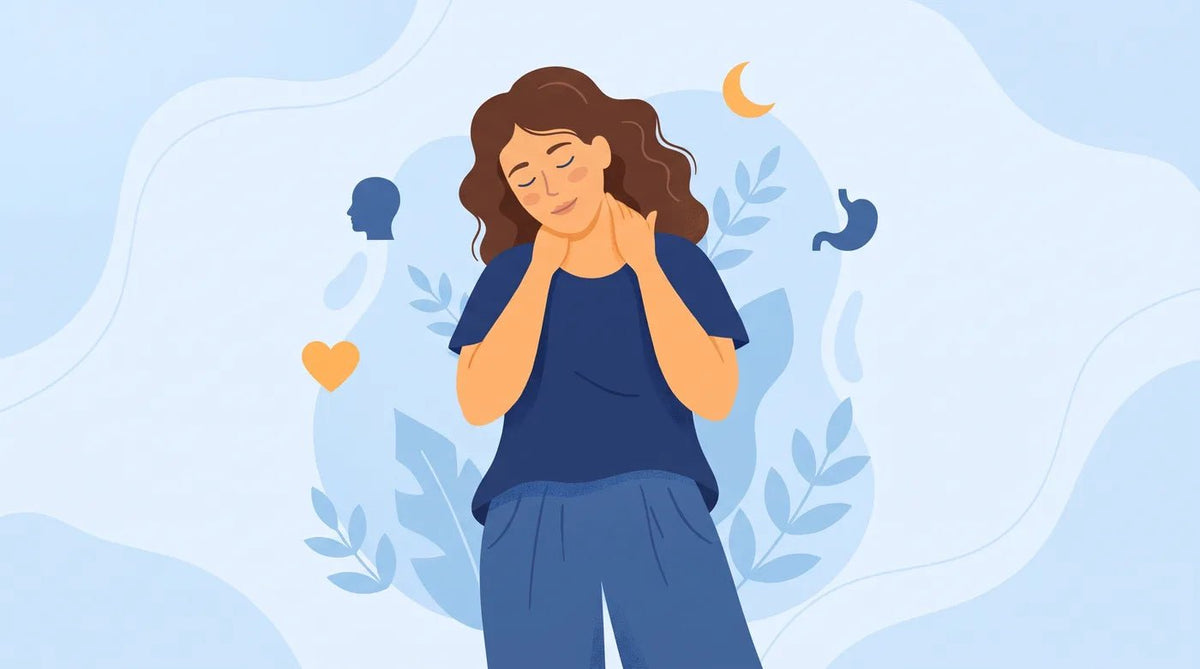 Illustration : femme qui se masse la nuque, icônes du corps autour d'elle