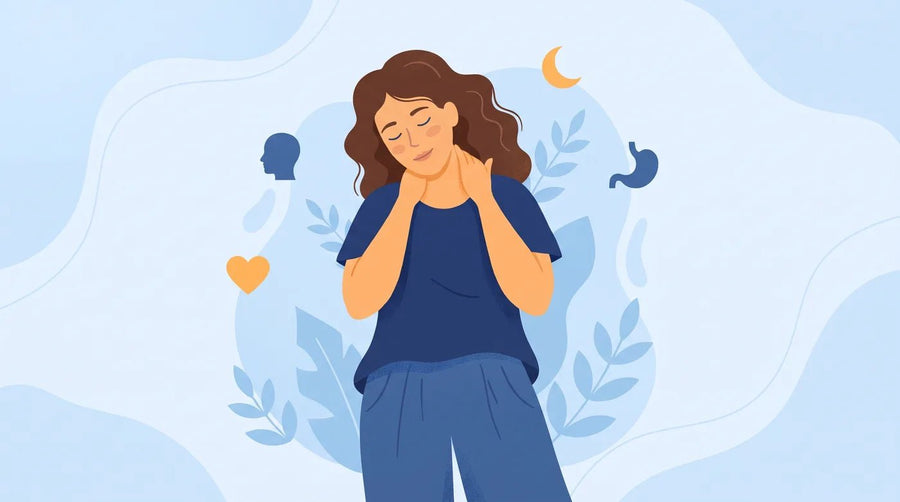 Illustration : femme qui se masse la nuque, icônes du corps autour d'elle
