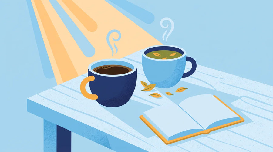 Illustration : tasse de café et tasse de thé vert côte à côte