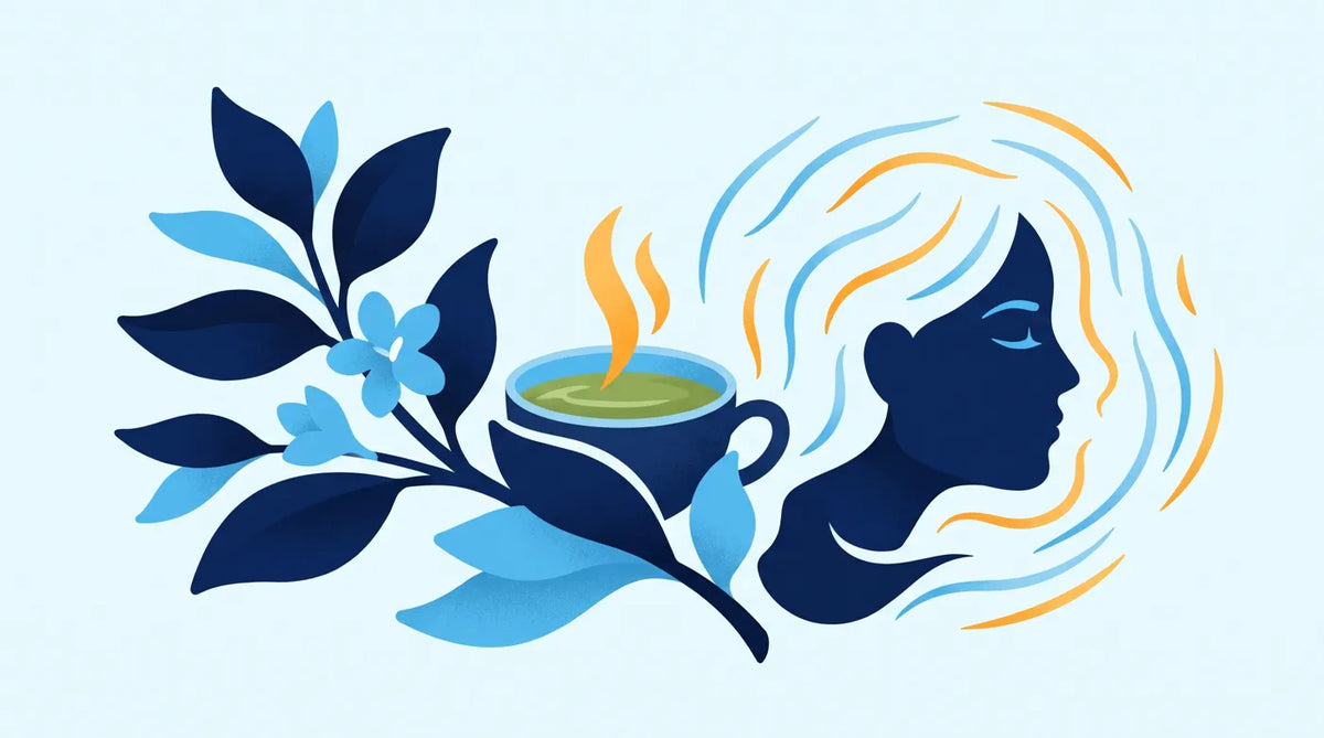 Illustration : feuilles de thé vert et femme apaisée