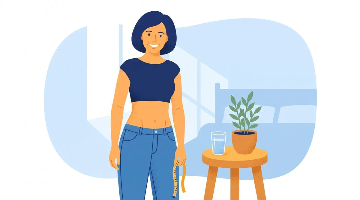 Illustration : femme bienveillante devant son miroir, mains sur le ventre
